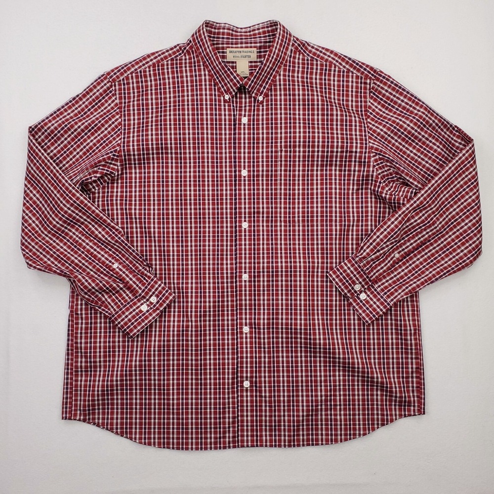 Duluth Trading Shirt Mens XXL Red Check Plaid WrinkleFighter Button Down Relaxed